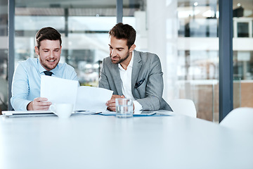 Image showing Discussion, paperwork and business people in a meeting in office boardroom planning corporate strategy. Teamwork, collaboration and male employees working on project with documents with mockup space.