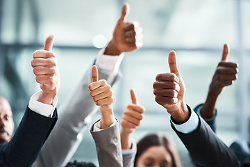 Image showing Success, thumbs up and teamwork of people with thank you, support or group hands for vote, yes or like emoji. Great, ok and business women, men or winner with team work, thanks or winning sign in air
