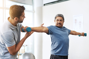 Image showing Dumbbells, physiotherapy and help with doctor and patient for rehabilitation, training and stretching. Healthcare, wellness and healing with old man and expert for consulting, muscle and exercise