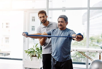 Image showing Physiotherapy, stretching and band with old man and doctor for training, rehabilitation and injury. Medical, healing and healthcare with expert and patient for consulting, help and fitness