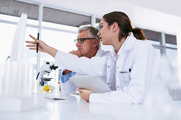 Image showing Scientist, tablet and teamwork in science experiment, results or collaboration on computer at the laboratory. Woman and man mentor in medical research working together on pc with scientific student