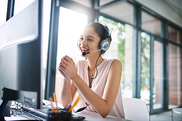 Image showing Happy woman, call center and consulting on computer for customer service, support or telemarketing at office. Friendly female person, consultant or agent smiling for online advice or communication