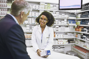 Image showing Senior man shopping, pills or pharmacist in pharmacy for retail healthcare info, medicine or advice. Happy black woman or doctor helping mature customer with prescription medication or medical drugs