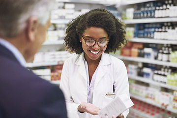 Image showing Old man, medicine advice or pharmacist speaking in pharmacy for retail healthcare info, pills or advice. Black woman or doctor helping a mature customer with prescription medication or medical drugs