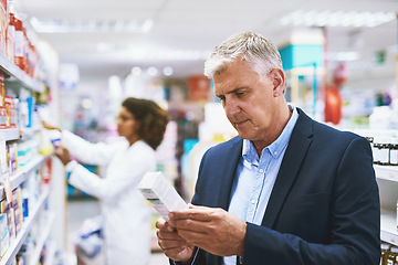 Image showing Senior man shopping, reading on medicine or customer in pharmacy for retail healthcare pills or product. Information, businessman or mature customer searching for medication or medical drugs on shelf