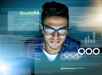 Image showing Stats, overlay and a man with data for coding, programming or cloud computing at night in an office. Business, dark and a programmer with a network of charts and graphs to design an online system