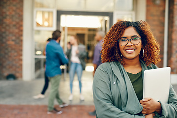 Image showing Portrait, outdoor and woman with a laptop, university and happiness with education, knowledge and start studies. Face, female person or student outside, technology and college for learning and growth