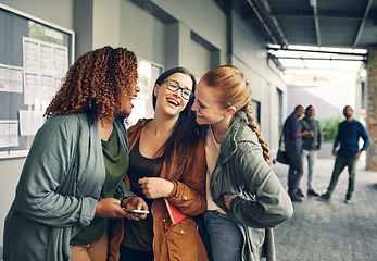 Image showing Laughing, conversation and girl friends together outside a building speaking about gossip. Happy, diversity and women with smile talking, bonding and listening to comedy jokes on the internet outdoor