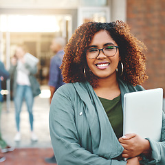 Image showing Portrait, university and woman with a laptop, outdoor and education with career development, growth and skills. Face, happy female person and student with a pc, technology and college with knowledge