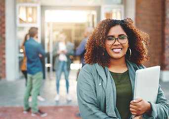 Image showing Portrait, campus and woman with a laptop, college and education with connection, smile and studying. Face, happy female person or student with technology, pc and outdoor with knowledge and university