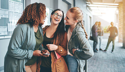 Image showing Communication, talking and girl friends laughing together outside a building speaking about gossip. Happy, diversity and women with smile bonding and listening to comedy jokes on the internet outdoor