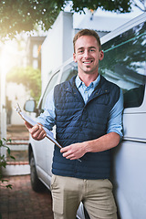 Image showing Portrait, documents and a delivery man with his van, checking a clipboard for an order or address. Logistics, ecommerce or supply chain with a male courier reading an inventory checklist for shipping