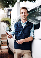 Image showing Portrait, delivery and a courier man with his van, holding a clipboard for an order or address. Logistics, ecommerce and supply chain with a male driver carrying shipping documents for inventory