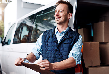 Image showing Idea, shipping and a courier man with his van, holding a clipboard for an order or address. Logistics, ecommerce and supply chain with a male driver thinking of an inventory checklist for delivery