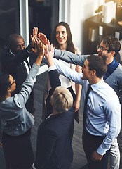 Image showing Teamwork, high five and support with business people in office for success, winner and motivation. Collaboration, diversity and community with group of employees for solidarity, target and goals