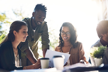 Image showing Business meeting, documents and people at a cafe for planning, idea and remote work. Coffee shop, proposal and creative person team collaboration on design, development or brainstorming solution