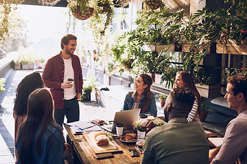 Image showing Meeting, chat and business people in restaurant for discussion, planning and communication. Coffee shop, social gathering and men and women talking for team building, collaboration and project ideas