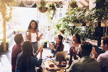 Image showing Meeting, restaurant and business people applause for discussion, planning and communication. Cafe lunch, teamwork and men and women clapping hands for team building, collaboration and project success