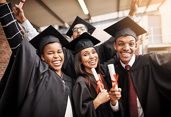 Image showing Graduation, students and happy portrait of college friends with a diploma outdoor. Diversity men and women excited to celebrate university achievement, education success and school graduate event