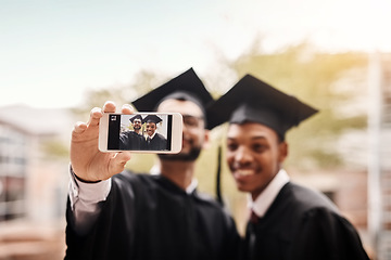 Image showing Phone screen, graduation and selfie of college friends or students with smile outdoor. Men happy to celebrate university achievement, education success and future or graduate memory at school event