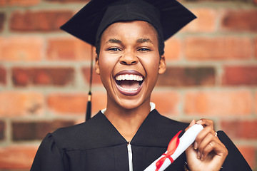 Image showing Black woman, graduation and portrait of a college student with a diploma and happiness outdoor. Female person excited to celebrate university achievement, education success and future at school event