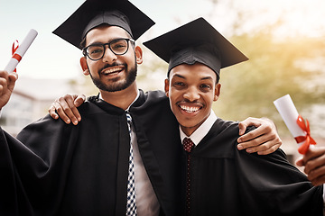 Image showing Friends, graduation and portrait of a college students with a diploma and happiness outdoor. Men happy to celebrate university achievement, education success and graduate future at school event