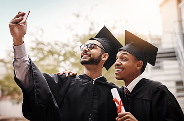 Image showing Friends, graduation and selfie of a college students with a diploma and smile outdoor. Men happy to celebrate university achievement, education success and future at school event with graduate memory