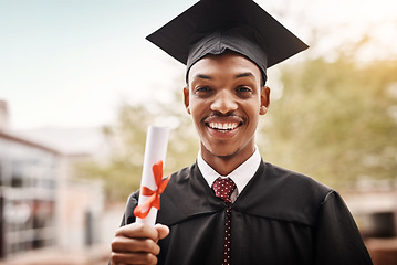 Image showing Graduation, black man and portrait of a university student with a diploma and happiness outdoor. Male person happy to celebrate college achievement, education success and future at school event