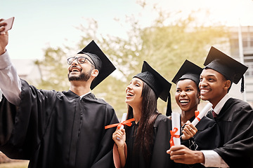 Image showing Selfie, graduation and college or university friends with diploma and happiness outdoor. Diversity men and women celebrate education achievement, success and future at school event as graduate memory