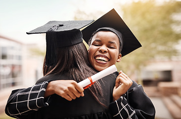 Image showing Friends, hug and graduation at college for students with a diploma and support outdoor. Graduate women excited to celebrate university achievement, education success and future at school event