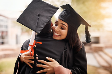 Image showing Hug, students and graduation at college for women with a diploma and support outdoor. Graduate celebration with friends happy for university achievement, education success and future at school event