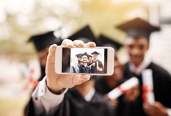 Image showing Graduation, phone screen and selfie of college or university friends and student diploma outdoor. Face of men and women happy to celebrate university achievement, education success or graduate memory