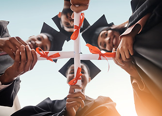 Image showing Students, graduation and diploma in hands of college group outdoor to celebrate. Below diversity men and women happy for university achievement, education success and future at school graduate event