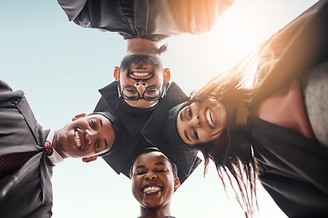 Image showing Graduation, students group and face portrait of college friends with a smile and pride outdoor. Below diversity men and woman excited to celebrate university achievement, education success and future