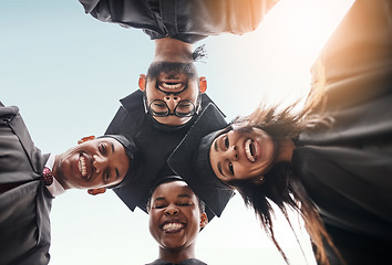 Image showing Student group, graduation and face portrait of college friends with smile and pride outdoor. Below diversity men and women excited for university achievement, education success and graduate future