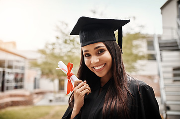 Image showing Portrait, diploma and woman with graduation, university and happiness with knowledge, education and achievement. Face, female person and student with a degree, scholarship and celebration with goals