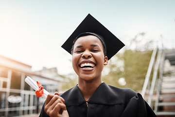 Image showing Portrait, university and black woman with a diploma, graduation and success with knowledge. Face, female person or student outdoor, celebration or event with degree, goal or graduate with achievement