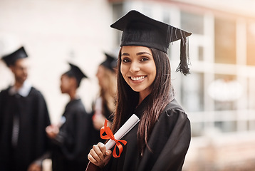 Image showing Graduation, diploma and portrait of a woman or college student with happiness and pride outdoor. Female person excited to celebrate university achievement, education success and school graduate event