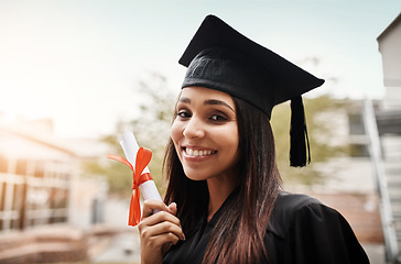 Image showing Portrait, achievement and woman with diploma, graduation and scholarship with celebration, event and happiness. Face, female person or happy student with a degree, ceremony and success with education