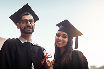 Image showing Students, graduation and portrait of a college or university couple with diploma outdoor. Happy man and woman excited to celebrate education achievement, success and future at school graduate event