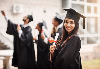 Image showing Diploma, graduation and portrait of a woman or college student with a smile and pride outdoor. Female person excited to celebrate university achievement, education success and future at school event