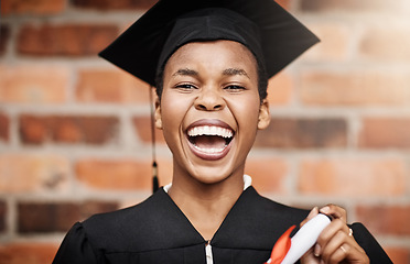 Image showing Graduation, black woman and portrait of a college student laughing with a diploma outdoor. Female person or excited face celebrate university achievement, education success and future at school event