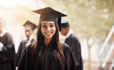 Image showing Portrait, woman and student with graduation, university and achievement with qualification, degree and education. Face, female person or girl with success, graduate and certificate with a scholarship