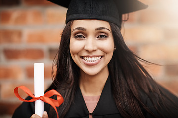 Image showing College student, graduation and portrait of a woman with a diploma and smile outdoor. Face of excited female person with university achievement, education success and future at school graduate event