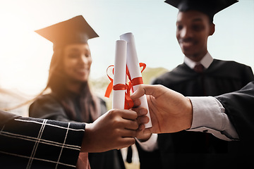 Image showing Students, graduation and hands with diploma for college group with happiness and support outdoor. Men and women celebrate university achievement, education success and graduate certificate or future