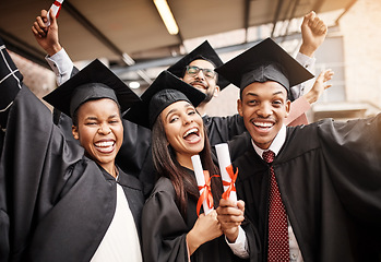 Image showing Students, graduation and group portrait of college friends with a diploma and happiness outdoor. Diversity men and women excited to celebrate university achievement, education success and future