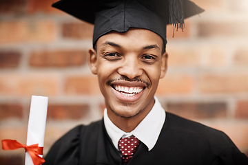 Image showing Black man, graduation and face portrait of a university student with a diploma and smile outdoor. Male person excited to celebrate college achievement, education success and future at school event