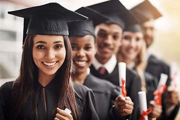 Image showing Woman, graduation and portrait of a college group with a diploma and smile outdoor. Diversity men and women students celebrate university achievement, education success and future at school event