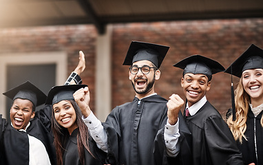 Image showing Students, graduation and excited college group together to celebrate future. Portrait of diversity men and women happy for university achievement, education success and school graduate celebration