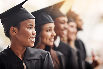 Image showing Black woman, graduation and happy college student with a graduate group outdoor. Profile of men and women excited to celebrate university achievement, education success and future at school event